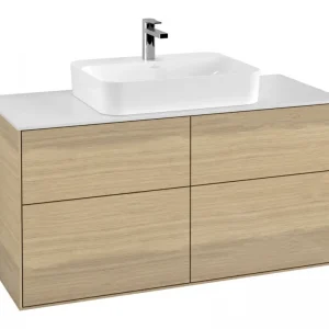Aktuell Villeroy & Boch Finion Waschbeckenunterschrank für Aufsatzwaschbecken mittig ohne Regal für Finion / Memento 2.0 4 Auszüge 1200 x 603 x 501 mm - Oak Veneer / Glass White Matt