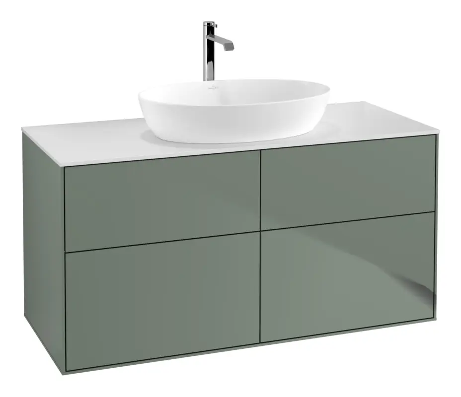Super-Preis Villeroy & Boch Finion Waschbeckenunterschrank für Becken mittig ohne Regal für Artis / Collaro rund 4 Auszüge mit Beleuchtung (2x LED) ohne Hahnloch 1200 x 603 x 501 mm - Olive Matt Lacquer / Glass White Matt