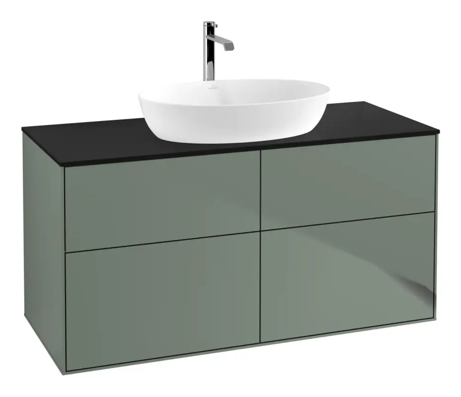 Wochenendangebot Villeroy & Boch Finion Waschbeckenunterschrank für Becken mittig ohne Regal für Artis / Collaro rund 4 Auszüge mit Beleuchtung (2x LED) ohne Hahnloch 1200 x 603 x 501 mm - Olive Matt Lacquer / Glass Black Matt