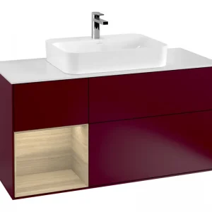Aktuell Villeroy & Boch Finion Waschbeckenunterschrank für Aufsatzwaschbecken mittig Regal links für Finion / Memento 2.0 3 Auszüge mit Beleuchtung (1x LED) 1200 x 603 x 501 mm - Peony Matt Lacquer / Oak Veneer / Glass White Matt