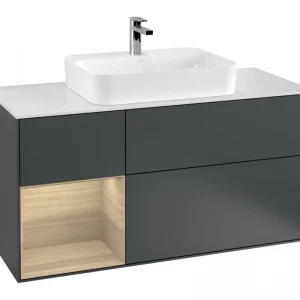 Abverkauf Villeroy & Boch Finion Waschbeckenunterschrank für Aufsatzwaschbecken mittig Regal links für Finion / Memento 2.0 3 Auszüge mit Beleuchtung (1x LED) 1200 x 603 x 501 mm - Midnight Blue Matt Lacquer / Oak Veneer / Glass White Matt