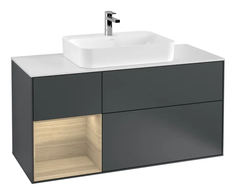 Abverkauf Villeroy & Boch Finion Waschbeckenunterschrank für Aufsatzwaschbecken mittig Regal links für Finion / Memento 2.0 3 Auszüge mit Beleuchtung (1x LED) 1200 x 603 x 501 mm - Midnight Blue Matt Lacquer / Oak Veneer / Glass White Matt