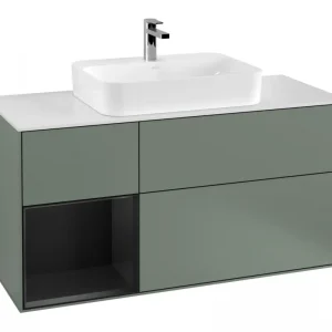 Abverkauf Villeroy & Boch Finion Waschbeckenunterschrank für Aufsatzwaschbecken mittig Regal links für Finion / Memento 2.0 3 Auszüge mit Beleuchtung (1x LED) 1200 x 603 x 501 mm - Olive Matt Lacquer / Black Matt Lacquer / Glass White Matt