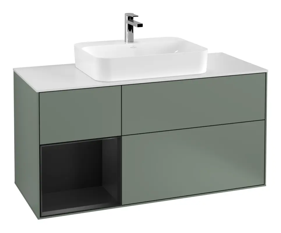 Abverkauf Villeroy & Boch Finion Waschbeckenunterschrank für Aufsatzwaschbecken mittig Regal links für Finion / Memento 2.0 3 Auszüge mit Beleuchtung (1x LED) 1200 x 603 x 501 mm - Olive Matt Lacquer / Black Matt Lacquer / Glass White Matt