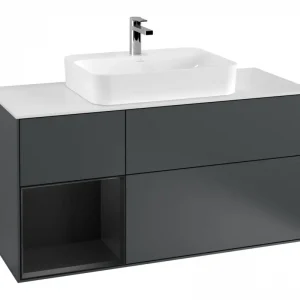 Abverkauf Villeroy & Boch Finion Waschbeckenunterschrank für Aufsatzwaschbecken mittig Regal links für Finion / Memento 2.0 3 Auszüge mit Beleuchtung (1x LED) 1200 x 603 x 501 mm - Midnight Blue Matt Lacquer / Black Matt Lacquer / Glass White Matt
