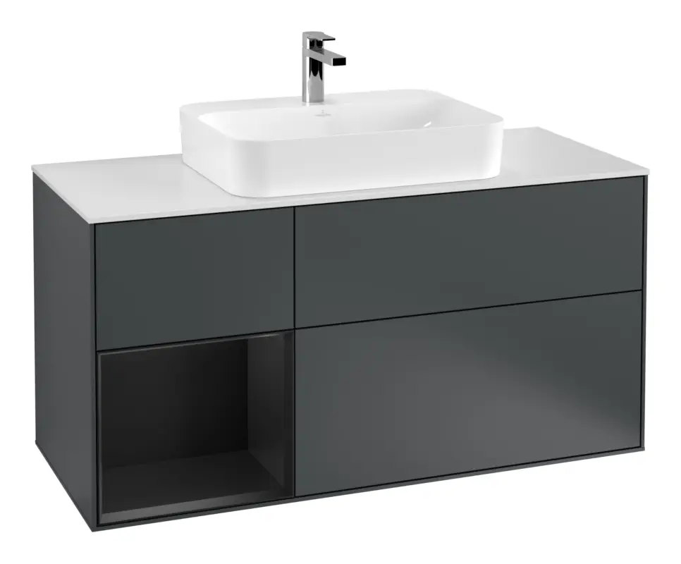 Abverkauf Villeroy & Boch Finion Waschbeckenunterschrank für Aufsatzwaschbecken mittig Regal links für Finion / Memento 2.0 3 Auszüge mit Beleuchtung (1x LED) 1200 x 603 x 501 mm - Midnight Blue Matt Lacquer / Black Matt Lacquer / Glass White Matt