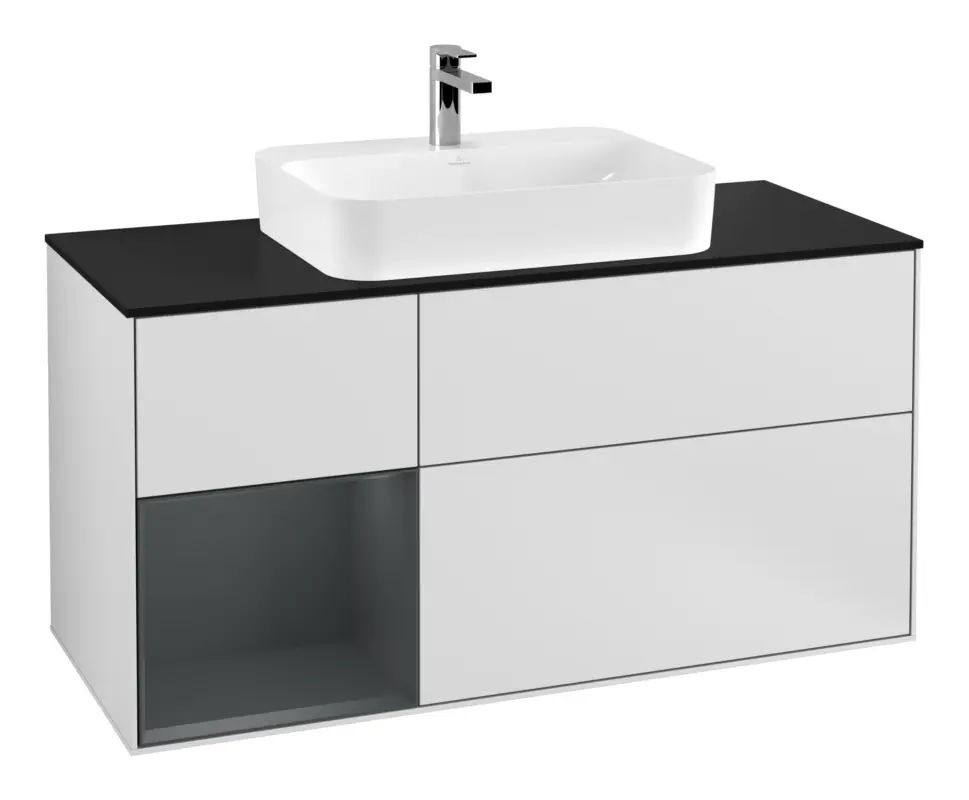 Villeroy & Boch Finion Waschbeckenunterschrank für Aufsatzwaschbecken mittig Regal links für Finion / Memento 2.0 3 Auszüge mit Beleuchtung (1x LED) 1200 x 603 x 501 mm - White Matt Lacquer / Midnight Blue Matt Lacquer / Glass Black Matt Bestseller