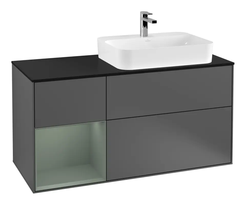 Villeroy & Boch Finion Waschbeckenunterschrank für Aufsatzwaschbecken rechts Regal links für Finion / Memento 2.0 3 Auszüge mit Beleuchtung (3x LED) 1200 x 603 x 501 mm - Anthracite Matt Lacquer / Olive Matt Lacquer / Glass Black Matt Echt