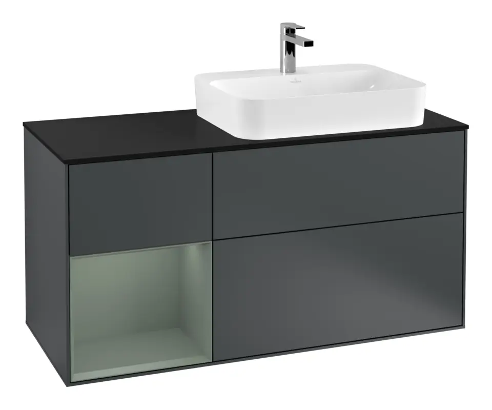 Villeroy & Boch Finion Waschbeckenunterschrank für Aufsatzwaschbecken rechts Regal links für Finion / Memento 2.0 3 Auszüge mit Beleuchtung (3x LED) 1200 x 603 x 501 mm - Midnight Blue Matt Lacquer / Olive Matt Lacquer / Glass Black Matt Must-Have
