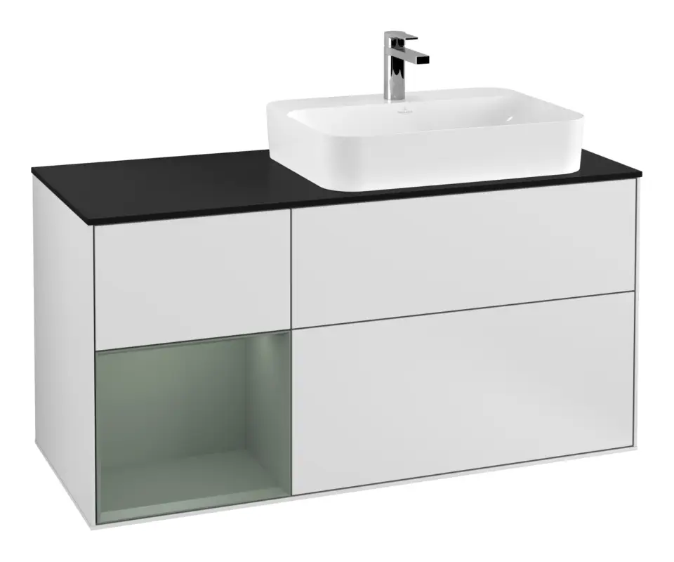 Villeroy & Boch Finion Waschbeckenunterschrank für Aufsatzwaschbecken rechts Regal links für Finion / Memento 2.0 3 Auszüge mit Beleuchtung (3x LED) 1200 x 603 x 501 mm - White Matt Lacquer / Olive Matt Lacquer / Glass Black Matt Sonderaktion