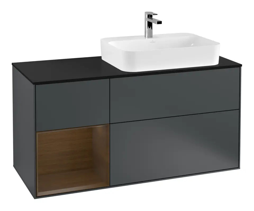 Mega-Angebot Villeroy & Boch Finion Waschbeckenunterschrank für Aufsatzwaschbecken rechts Regal links für Finion / Memento 2.0 3 Auszüge mit Beleuchtung (3x LED) 1200 x 603 x 501 mm - Midnight Blue Matt Lacquer / Walnut Veneer / Glass Black Matt