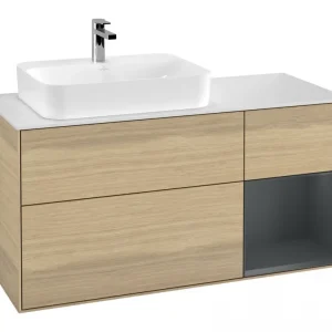 Abverkauf Villeroy & Boch Finion Waschbeckenunterschrank für Aufsatzwaschbecken links Regal rechts für Finion / Memento 2.0 3 Auszüge mit Beleuchtung (3x LED) 1200 x 603 x 501 mm - Oak Veneer / Midnight Blue Matt Lacquer / Glass White Matt