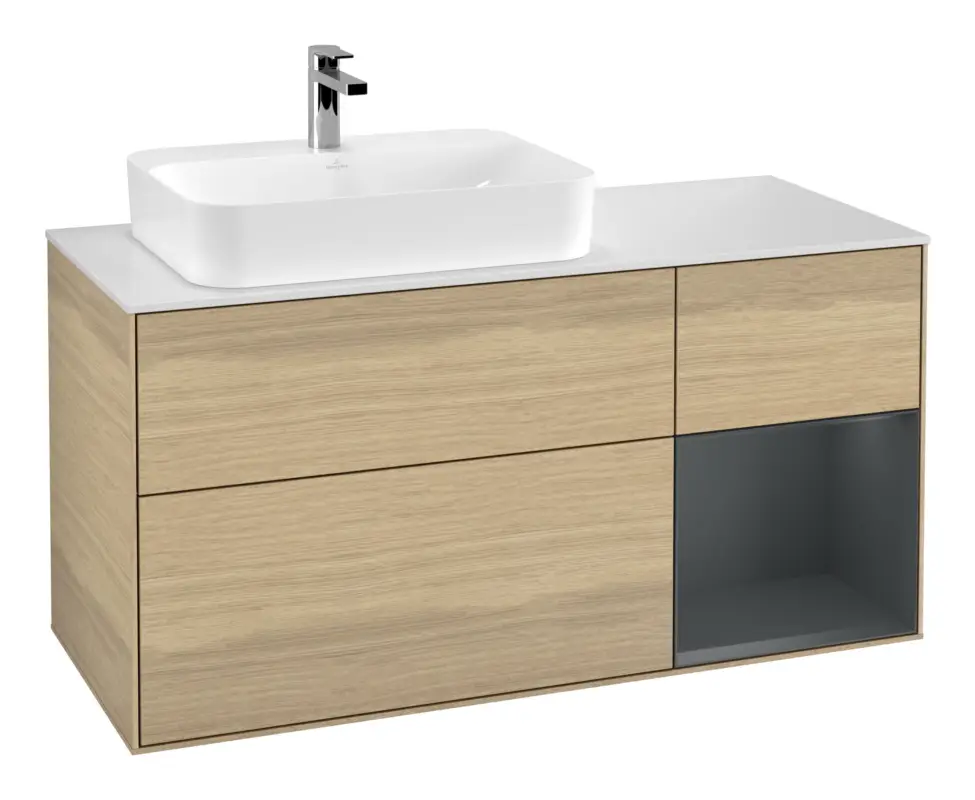 Abverkauf Villeroy & Boch Finion Waschbeckenunterschrank für Aufsatzwaschbecken links Regal rechts für Finion / Memento 2.0 3 Auszüge mit Beleuchtung (3x LED) 1200 x 603 x 501 mm - Oak Veneer / Midnight Blue Matt Lacquer / Glass White Matt