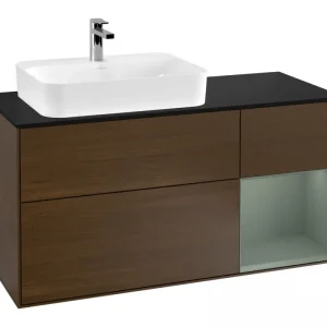 Aktuell Villeroy & Boch Finion Waschbeckenunterschrank für Aufsatzwaschbecken links Regal rechts für Finion / Memento 2.0 3 Auszüge mit Beleuchtung (3x LED) 1200 x 603 x 501 mm - Walnut Veneer / Olive Matt Lacquer / Glass Black Matt