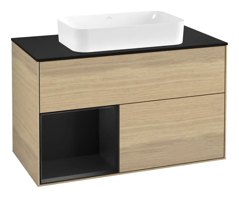 Villeroy & Boch Finion Waschbeckenunterschrank für Becken mittig Regal links für Finion 2 Auszüge mit Beleuchtung (3x LED) mit Hahnloch 1000 x 603 x 501 mm - Oak Veneer / Black Matt Lacquer / Glass Black Matt Aktuell