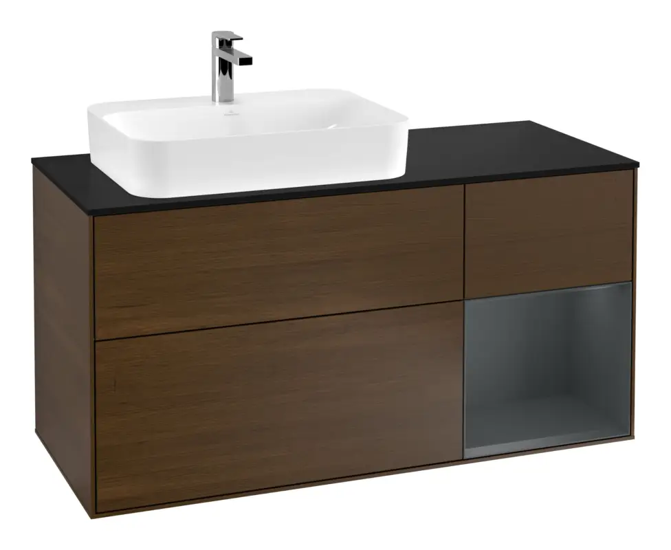 Villeroy & Boch Finion Waschbeckenunterschrank für Aufsatzwaschbecken links Regal rechts für Finion / Memento 2.0 3 Auszüge mit Beleuchtung (3x LED) 1200 x 603 x 501 mm - Walnut Veneer / Midnight Blue Matt Lacquer / Glass Black Matt Top-Seller