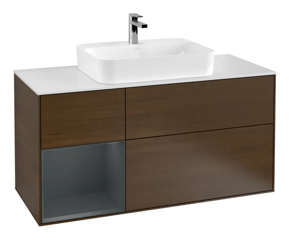 Villeroy & Boch Finion Waschbeckenunterschrank für Aufsatzwaschbecken mittig Regal links für Finion / Memento 2.0 3 Auszüge mit Beleuchtung (3x LED) 1200 x 603 x 501 mm - Walnut Veneer / Midnight Blue Matt Lacquer / Glass White Matt Top-Angebot