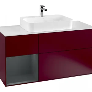 Abverkauf Villeroy & Boch Finion Waschbeckenunterschrank für Aufsatzwaschbecken mittig Regal links für Finion / Memento 2.0 3 Auszüge mit Beleuchtung (3x LED) 1200 x 603 x 501 mm - Peony Matt Lacquer / Midnight Blue Matt Lacquer / Glass White Matt