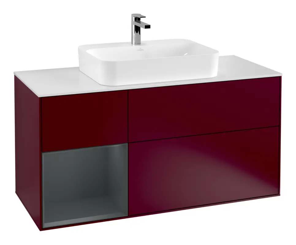 Abverkauf Villeroy & Boch Finion Waschbeckenunterschrank für Aufsatzwaschbecken mittig Regal links für Finion / Memento 2.0 3 Auszüge mit Beleuchtung (3x LED) 1200 x 603 x 501 mm - Peony Matt Lacquer / Midnight Blue Matt Lacquer / Glass White Matt