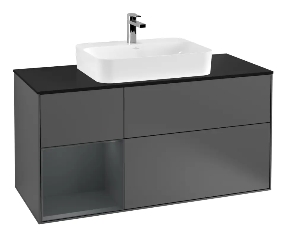 Villeroy & Boch Finion Waschbeckenunterschrank für Aufsatzwaschbecken mittig Regal links für Finion / Memento 2.0 3 Auszüge mit Beleuchtung (3x LED) 1200 x 603 x 501 mm - Anthracite Matt Lacquer / Midnight Blue Matt Lacquer / Glass Black Matt Expressversand