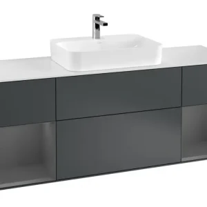 Abverkauf Villeroy & Boch Finion Waschbeckenunterschrank für Aufsatzwaschbecken mittig Regal links/rechts für Finion / Memento 2.0 4 Auszüge mit Beleuchtung (4x LED) 1600 x 603 x 501 mm - Midnight Blue Matt Lacquer / Anthracite Matt Lacquer / Glass White Matt