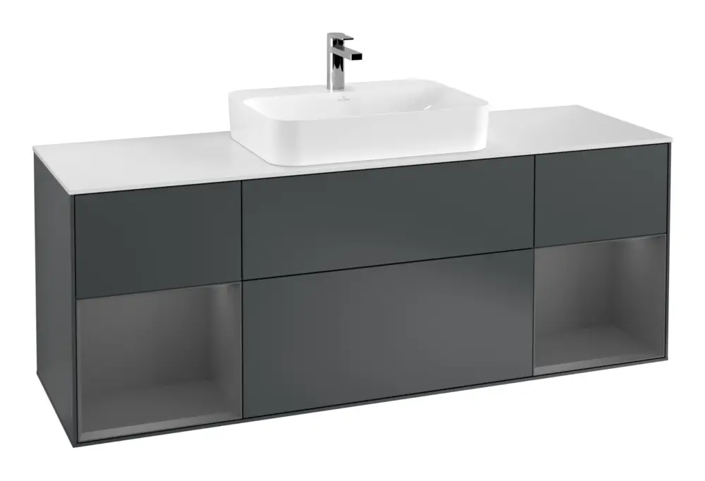 Abverkauf Villeroy & Boch Finion Waschbeckenunterschrank für Aufsatzwaschbecken mittig Regal links/rechts für Finion / Memento 2.0 4 Auszüge mit Beleuchtung (4x LED) 1600 x 603 x 501 mm - Midnight Blue Matt Lacquer / Anthracite Matt Lacquer / Glass White Matt