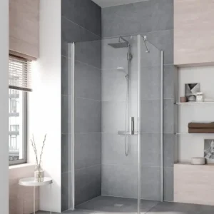 Zertifiziert Kermi Pega Pendeltür 1-flügelig für gleich hohe Seitenwand Strukturglas SR Arena C Anschlag links Silber Hochglanz Montage bodengleich 83 cm x 200 cm