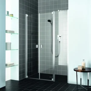 Neue Kollektion Kermi Raya Pendeltür 2-flügelig mit Festfeld für Nische oder Seitenwand Milchglas SR Opaco Silber Mattglanz 140 cm x 200 cm Anschlag links