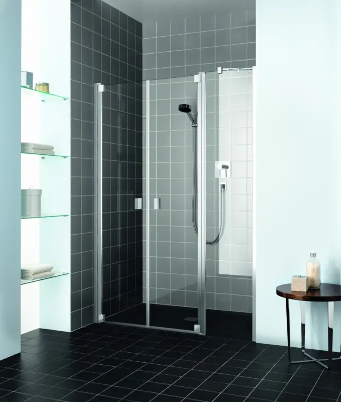 Letzte Chance Kermi Raya Pendeltür 2-flügelig mit Festfeld für Nische oder Seitenwand Milchglas SR Opaco Silber Mattglanz 180 cm x 200 cm Anschlag links