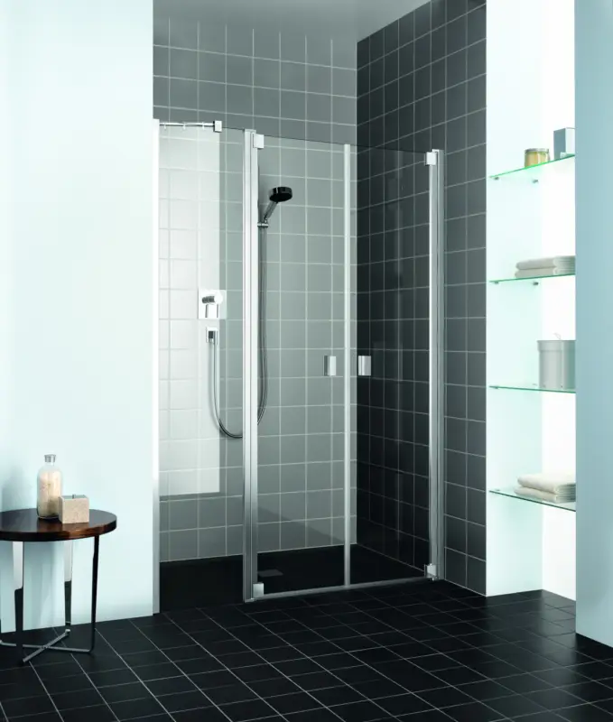 Bestseller Kermi Raya Pendeltür 2-flügelig mit Festfeld für Nische oder Seitenwand Milchglas SR Opaco Silber Hochglanz 120 cm x 200 cm Anschlag rechts
