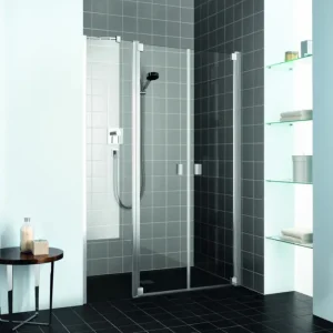 Kermi Raya Pendeltür 2-flügelig mit Festfeld für Nische oder Seitenwand Milchglas SR Opaco Silber Hochglanz 140 cm x 200 cm Anschlag rechts Markenprodukt