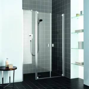 Aktuell Kermi Raya Pendeltür 2-flügelig mit Festfeld für Nische oder Seitenwand Milchglas SR Opaco KermiClean Silber Hochglanz 130 cm x 200 cm Anschlag rechts