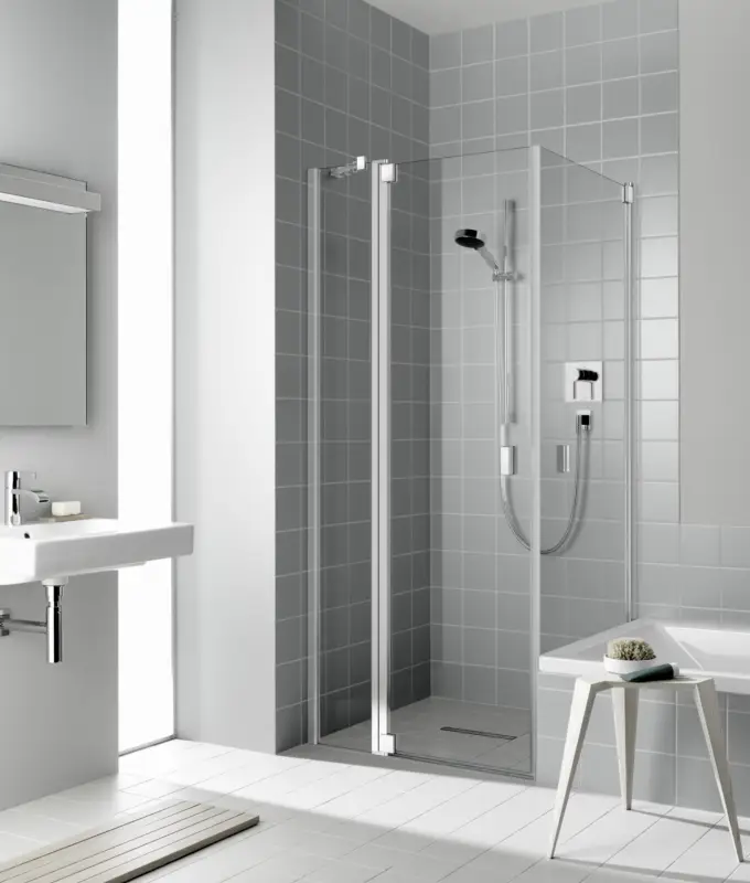 Kermi Raya Pendeltür 1-flügelig mit Festfeld für Seitenwand Milchglas SR Opaco KermiClean Silber Hochglanz 78 cm x 200 cm Anschlag links Garantierte Lieferung
