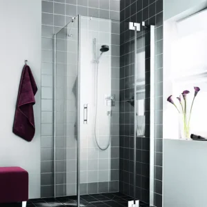 Aktuell Kermi Filia XP Pendeltür 1-flügelig mit Festfeld für Seitenwand Milchglas SR Opaco KermiClean Silber Hochglanz 120 cm x 200 cm Anschlag rechts Montage bodengleich
