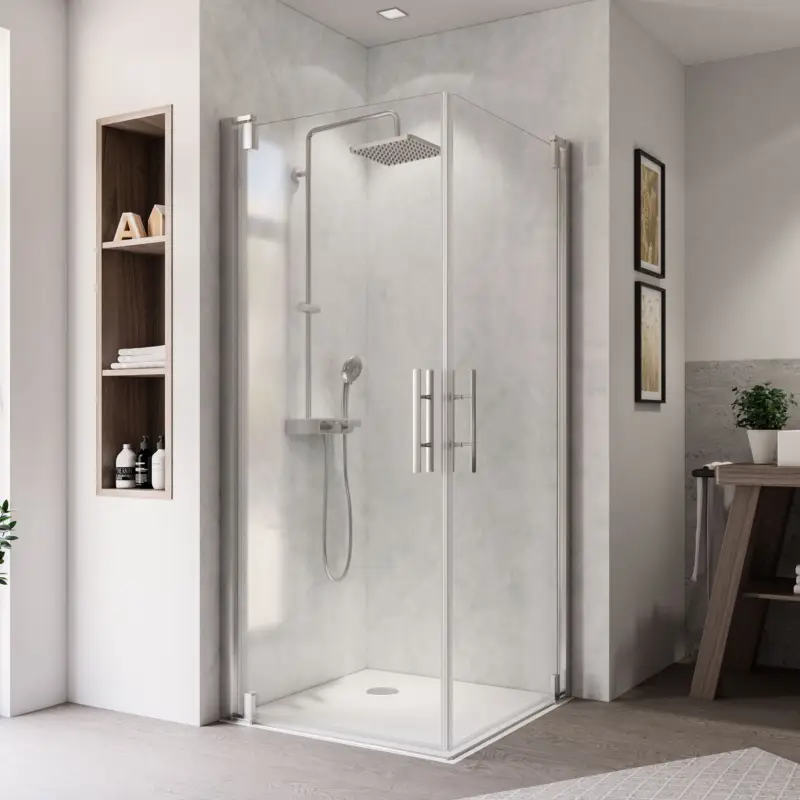 Neu Breuer Europa Design Eckeinstieg Drehtür 2-teilig Klarglas hell 80 x 80 cm - Alu Chromeffekt