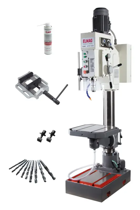 Neue Kollektion Getriebe-Säulenbohrmaschine GBM 4/40 SGA - Set bestehend aus:1 Stk. 9 tlg. HSS-Bohrerkassette MK 2/MK 3 14,5 - 30 mm Art. Nr. 820321 Stk. Maschinenschraubstock 6' / 150 mm mit Prismenb. Art. Nr. 160862 Stk. Spannschrauben 14 mm komplett Art. Nr. 890331 Stk. Schneidölspray 350 mlArt. Nr. 78082