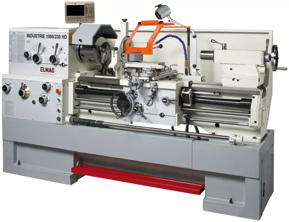 Universal-Drehmaschine INDUSTRIE 1000/230 HD inkl. RÖHM-Drehfutterinkl. 3-Achs-Positionsanzeigeinkl. Schnellwechsel-Stahlhalter 'Set', System MultifixBetriebsbereit: inkl. Ölfüllung, entkonserviert (entfettet), komplett montiert und Probelauf durchgeführt Must-Have