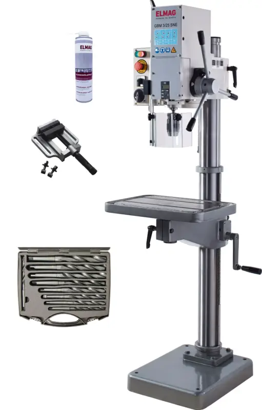 Getriebe-Säulenbohrmaschine GBM 3/25 SNE - Set bestehend aus:1 Stk. 9 tlg. HSS-Bohrerkassette MK 2/MK 3 14,5 - 30 mm Art. Nr. 820321 Stk. Maschinenschraubstock 5' / 125 mm mit Prismenb. Art. Nr. 160842St. Spannschraube 14 mm komplett Art. Nr. 890331 Stk. Schneidölspray 350 ml Art. Nr. 78082 Beliebt