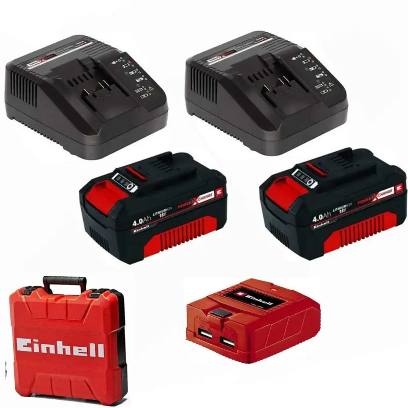 2 x Einhell 4,0 Ah Akku + 2 x Ladegerät Power X-Change Li-Ion,18V + Koffer + USB Expressversand
