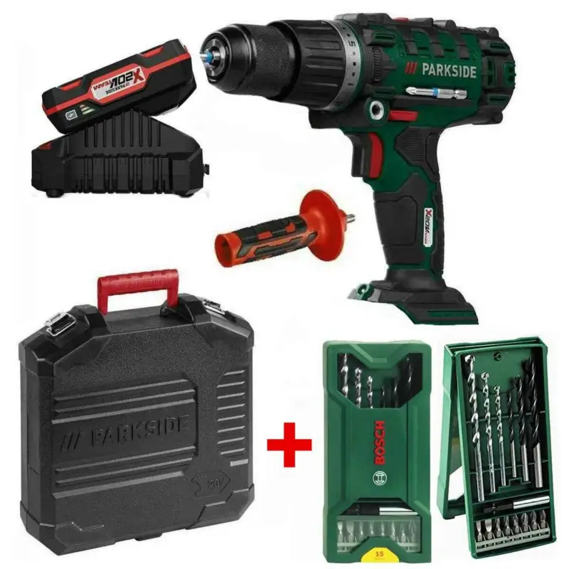 Versand Am Gleichen Tag PARKSIDE 20V Schlagbohrschrauber PSBSA 20-Li C3Akku 2 Ah+ Bosch Bohrer Set